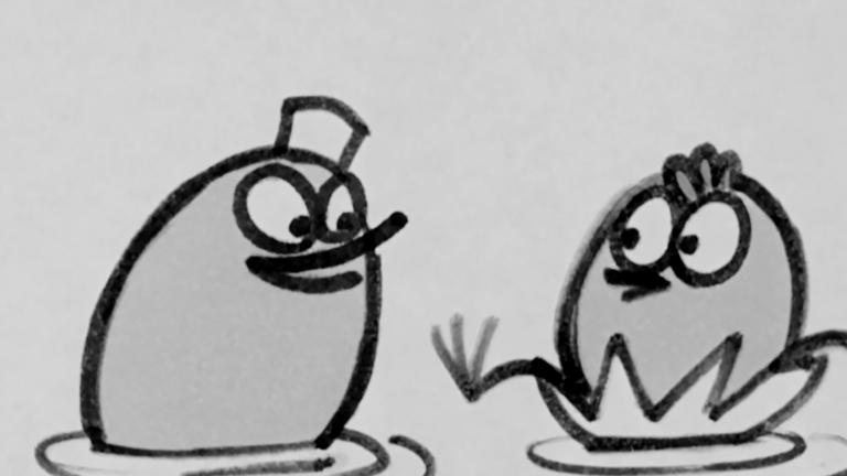 Une image en noir et blanc de deux personnages de dessin animé en forme d'œuf qui se regardent l'un l'autre alors qu'ils sont assis dans de l'eau peu profonde. L'une des figures porte un chapeau carré, et l'autre est assise, drapant ses jambes sur le bord d'un morceau flottant de coquille d'œuf brisée.