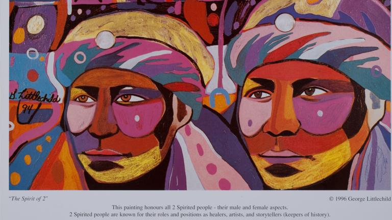 Affiche comportant une grande œuvre d’art représentant deux visages dans des couleurs et des motifs intenses, avec en arrière-plan des images comprenant des mains, des personnages debout et des formes géométriques. Un grand titre en anglais en haut indique « Le 10e rassemblement international bispirituel annuel » et le texte en bas indique « Du 27 au 31 août 1997. Onamia, Minnesota ». Visibilité masquée.