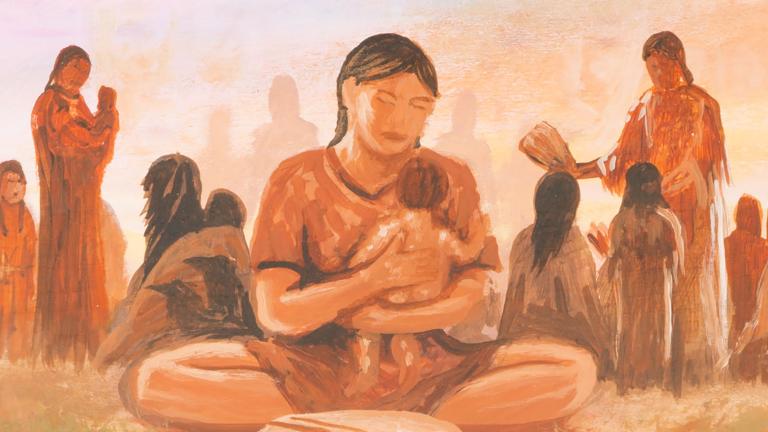 Tableau représentant la culture autochtone. Au centre de l’image, une personne est assise sur le sol, les jambes croisées et un petit enfant dans les bras. Sur le sol, on voit un tambour devant eux. Visibilité masquée.