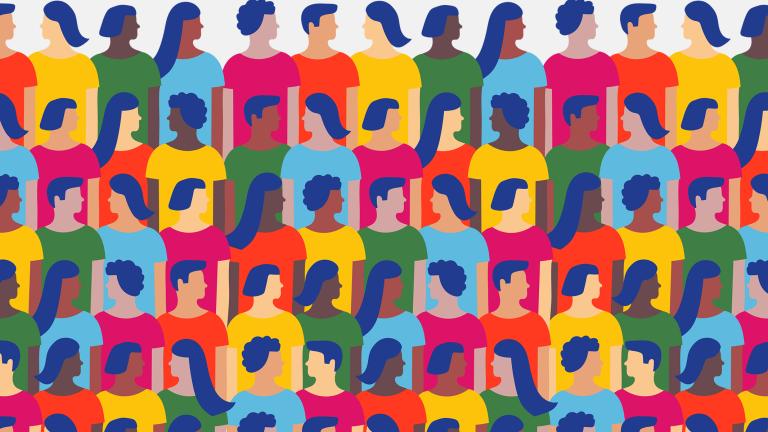Illustration graphique de rangées de personnes en t shirts colorés se regardant les unes les autres. Visibilité masquée.