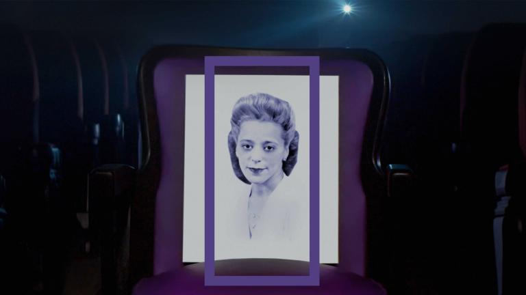 Un portrait de Viola Desmond encadré d'un rectangle vertical violet. Viola porte un haut blanc. Visibilité masquée.