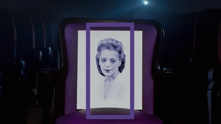 Un portrait de Viola Desmond encadré d'un rectangle vertical violet. Viola porte un haut blanc. Visibilité masquée.