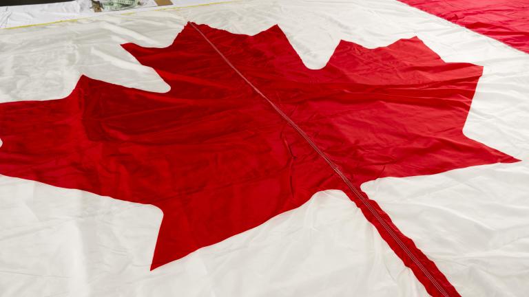 A close-up image of a Canadian flag, with a focus on the red maple leaf. Visibilité masquée.