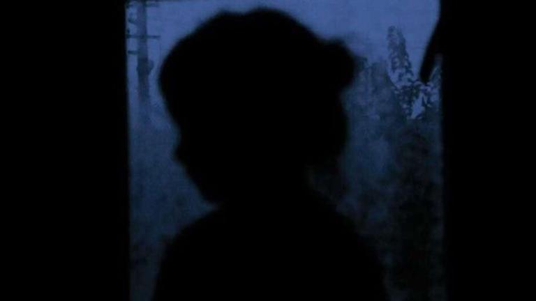 Image sombre de la silhouette d’un jeune enfant contre une fenêtre à travers laquelle on voit des arbres flous et un poteau électrique. La lumière est un ton violacé de crépuscule. Visibilité masquée.