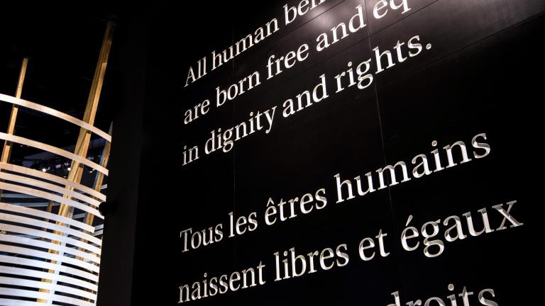 Du texte blanc en grand format sur un mur noir : « Tous les êtres humains naissent libres et égaux en dignité et en droits. »
