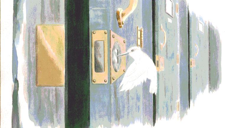 Illustration simple d'un colibri blanc qui crochète la serrure d'une porte et l'ouvre. La porte se trouve dans une rangée de portes. Visibilité masquée.