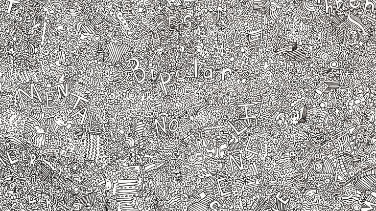 Un dessin en noir et blanc très détaillé intègre de minuscules lignes, formes et lettres. Certaines des lettres forment des mots tels que « Dépression », « Bipolaire » et « Insomnie ». Visibilité masquée.
