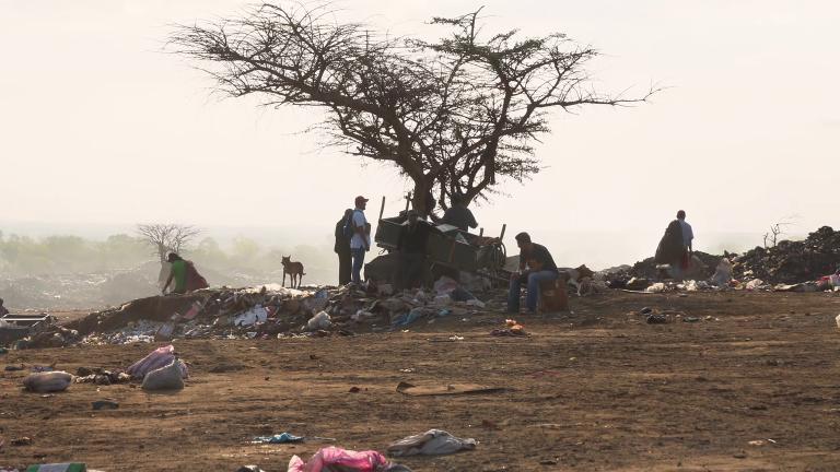 Plusieurs personnes et un chien assis et debout dans une décharge. Un arbre est au centre de l'image et des déchets sont éparpillés sur le sol. Visibilité masquée.