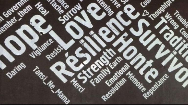 Une intersection de mots en plusieurs langues en texte blanc sur fond de couleur ardoise. Les mots français les plus marquants sont : résilience, honte, traditions, survivant, mémoire et courage. Visibilité masquée.