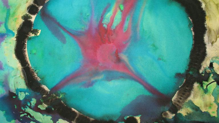 Œuvre d’art représentant une grande forme ovale turquoise soulignée de noir, avec une forme ramifiée rouge qui s’étend au centre. L’arrière-plan mélange des tons jaunes et verts avec des formes organiques éparpillées et des éclaboussures de noir autour des bords. Visibilité masquée.