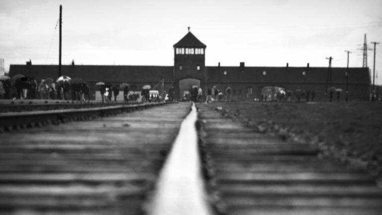 Des rails de train menant à un bâtiment au loin qu’on reconnaît comme étant le bâtiment à la porte d'Auschwitz-Birkenau. Visibilité masquée.