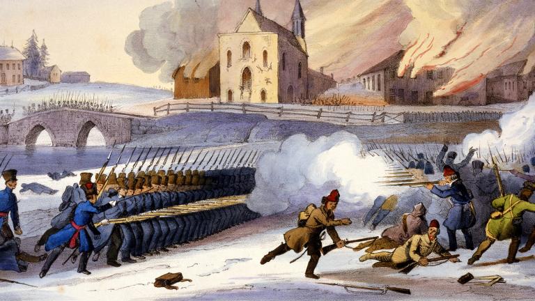 Une peinture d’une bataille. À gauche, des soldats en rangée tirent vers un groupe désorganisé de rebelles, à droite, dont certains s’enfuient en courant. À l’arrière-plan, d’autres soldats traversent un pont de pierres et plusieurs bâtiments sont en train de brûler.