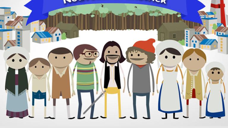 Dessins humoristiques de 11 figures humaines portant des vêtements historiques et contemporains. Derrière eux se trouvent des groupes de bâtiments et une forêt, sur lesquels on peut lire une bannière : « Les Acadiens du Nouveau-Brunswick. »