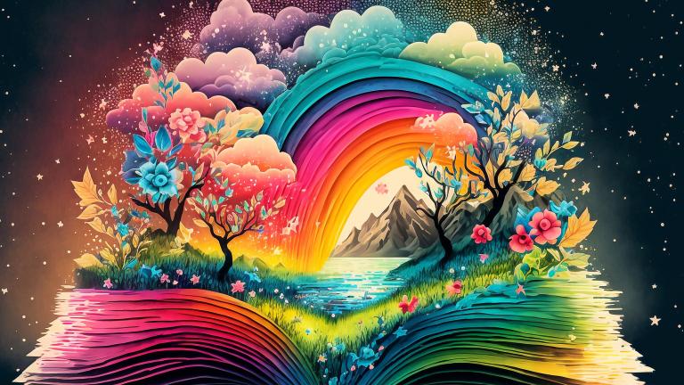  Illustration colorée d'un livre avec des pages aux couleurs de l'arc-en-ciel, ouvert au milieu. Une scène de nature sort du livre, qui comprend un arc-en-ciel, une montagne, un lac, des arbres, des fleurs et de l'herbe. Visibilité masquée.