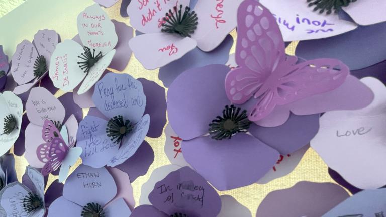 Des pavots violets faits de papier avec des noms et des messages écrits par des membres de la communauté ou de la famille de personne décédées après avoir consommé des drogues empoisonnées. Visibilité masquée.