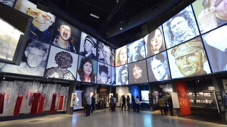 Des personnes explorent une galerie du Musée avec deux rangées de portraits carrés au-dessus d'une série d'alcôves, contenant des photographies, des vidéos et des panneaux de texte.