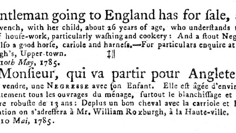 Un vieux document imprimé qui annonce la vente d’une femme esclavagée et de son enfant, et celle d’un garçon esclavagé de 13 ans, d’un cheval et d’un chariot.