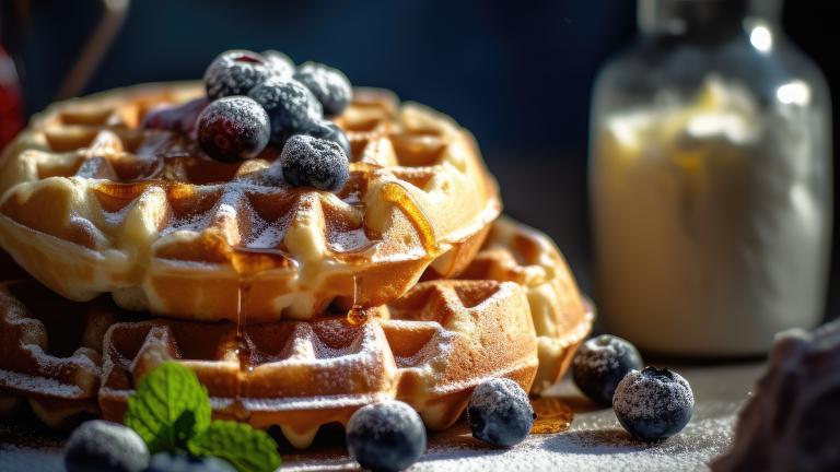 Une pile de gaufres garnies de bleuets, de sirop d'érable et de sucre en poudre.