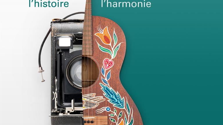 Un appareil photo des années 1940 et une guitare acoustique décorée de motifs peints. Visibilité masquée.