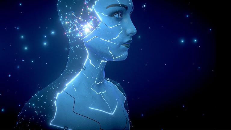 Une image numérisée de la tête bleue d'une femme virtuelle. Visibilité masquée.
