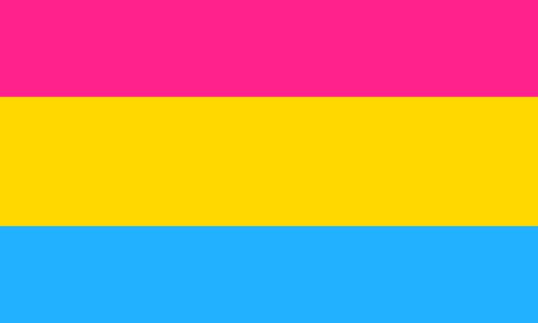 Un drapeau composé de bandes horizontales, de haut en bas : rose, jaune moyen violet et bleu.