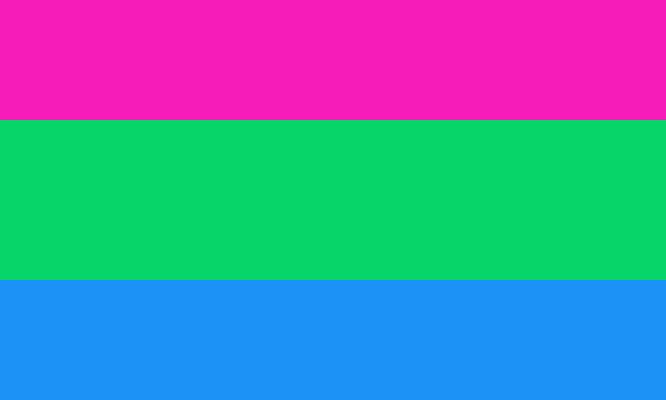 Un drapeau composé de bandes horizontales, de haut en bas : rose, vert et bleu.