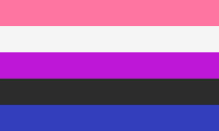 Un drapeau composé de bandes horizontales, de haut en bas : rose, blanc, magenta, noir et bleu foncé.
