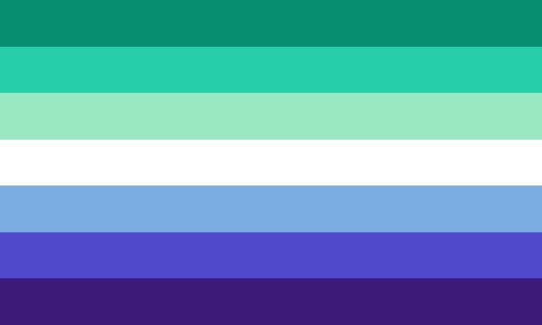 Un drapeau composé de bandes horizontales, de haut en bas : vert foncé, vert, vert moyen, blanc, bleu pâle, bleu moyen et bleu marin.