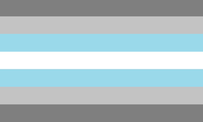 Drapeau composé d’étroites bandes horizontales : une bande blanche au centre et des bandes bleu ciel, gris pâle et gris foncé symétriquement au-dessus et en dessous.