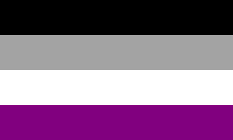 Un drapeau composé de bandes horizontales, de haut en bas : noir, gris moyen, blanc et violet. 