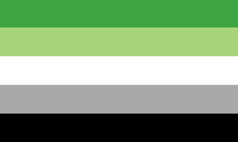 Un drapeau composé de bandes horizontales, de haut en bas : vert foncé, vert moyen, blanc, gris moyen et noir. 