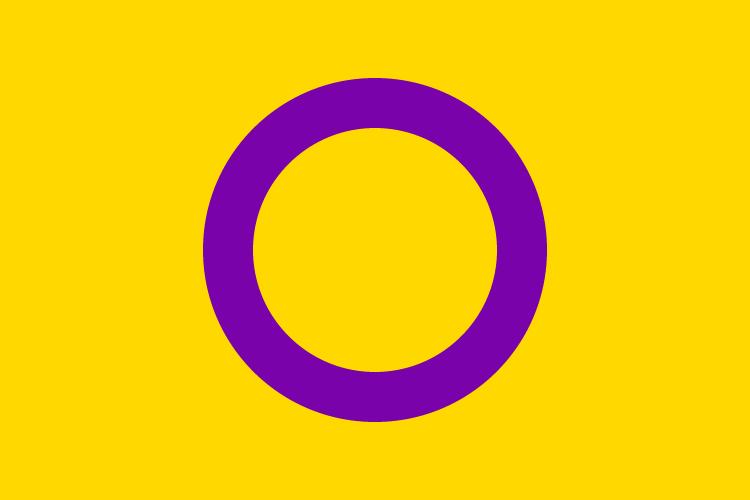 Un drapeau jaune avec un cercle violet au centre.