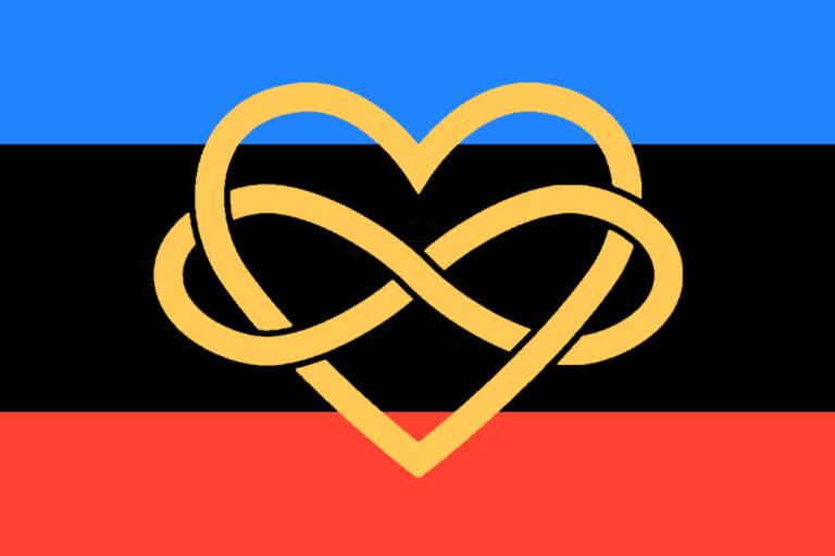 Un drapeau composé de bandes horizontales, de haut en bas : bleu, noir et rouge. Le contour en or d’un cœur et d’un symbole de l’infini entrelacés est superposé au centre.