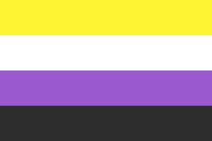 Un drapeau composé de bandes horizontales, de haut en bas : jaune, blanc, violet et noir.