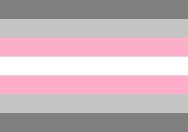 Drapeau composé d’étroites bandes horizontales : une bande blanche au centre et des bandes rose pâle, gris pâle et gris foncé symétriquement au-dessus et en dessous.