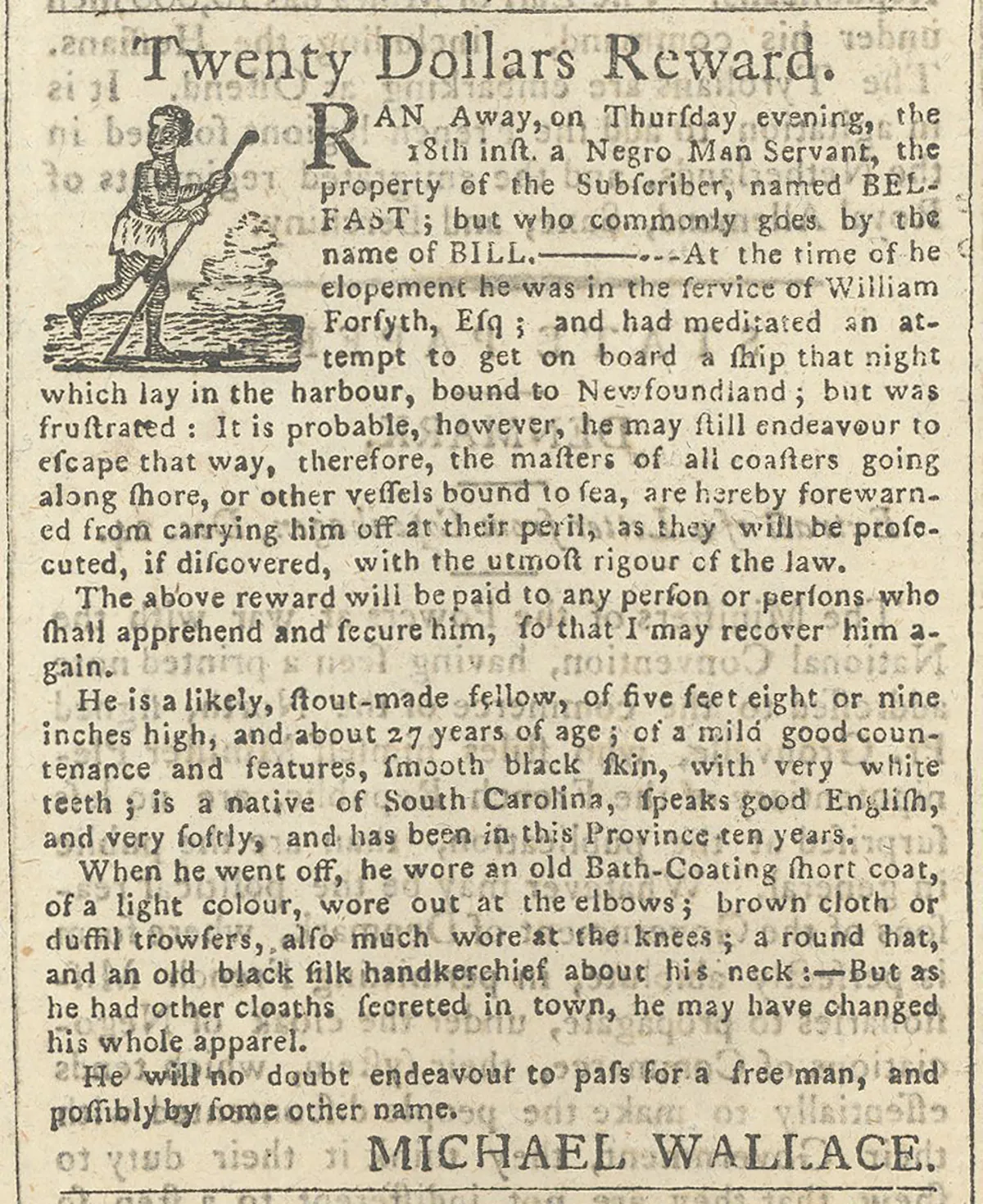 Annonce dans un vieux journal offrant une récompense de 20 $ et comprenant une petite image d’une personne noire qui court en regardant derrière au-dessus de son épaule.
