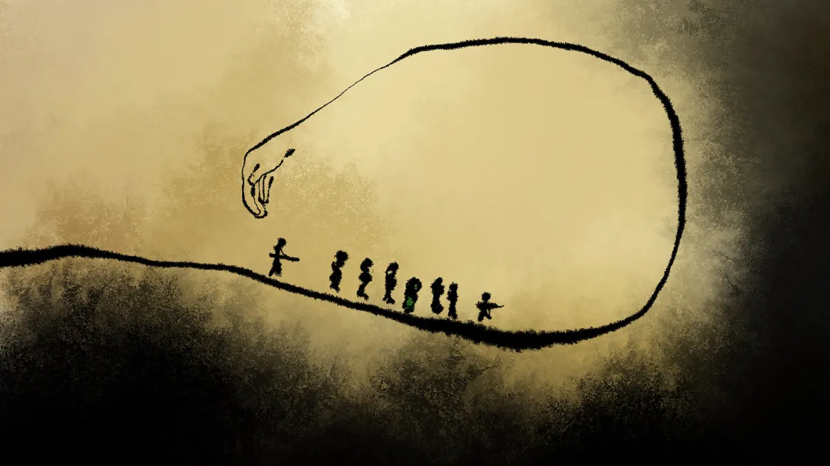 Une illustration de personnes marchant en ligne suivies par quelqu'un qui pointe une arme à feu sur elles. Le sol se courbe vers le haut, autour et derrière eux et se transforme en une main qui semble prête à contenir tout le monde.