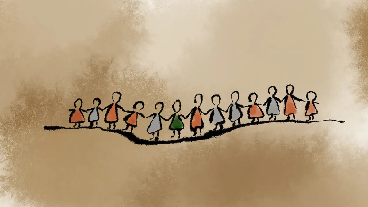 : Illustration de plusieurs femmes en ligne se tenant par la main.