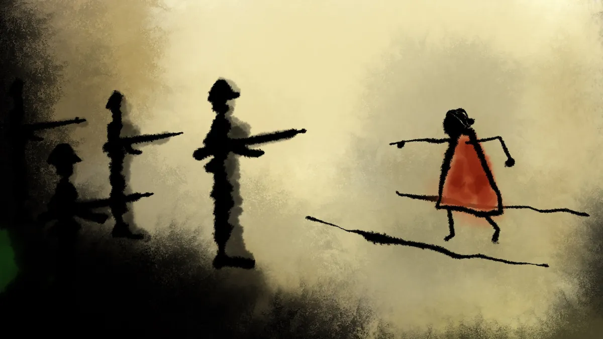 Une illustration d'une femme vêtue d'une robe rouge pointant vers des personnages ombragés tenant des fusils.