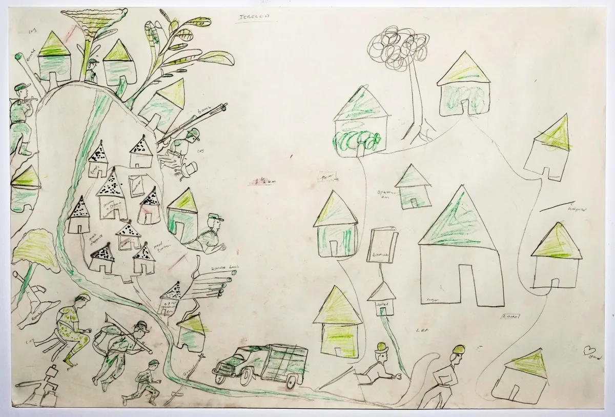 Dessin en vert, jaune et noir d'un campement qui comprend du feuillage, des huttes, des sentiers, des soldats et un camion. 