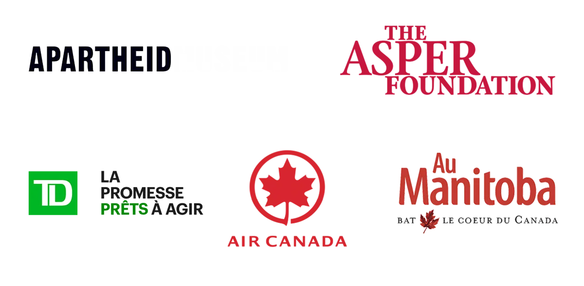 Logos : l’Apartheid Museum, la Fondation Asper, le Groupe Banque TD, Air Canada et Voyage Manitoba. 