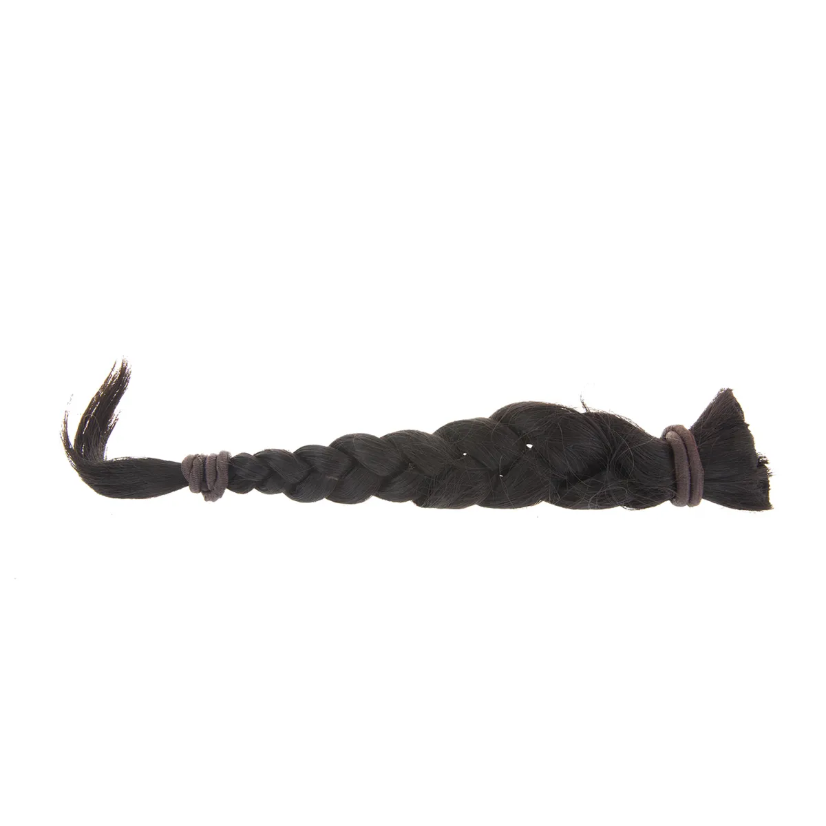 Une tresse de cheveux noirs coupée, attaché avec des élastiques.