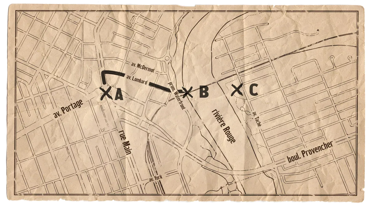 Carte du centre de Winnipeg montrant l’emplacement du Red Saloon (A), le trajet emprunté par Elzéar lors de sa tentative d’évasion, l’emplacement des quais des navires à vapeur où il a plongé dans l’eau (B) et l’actuel parc Elzéar Goulet (C). 