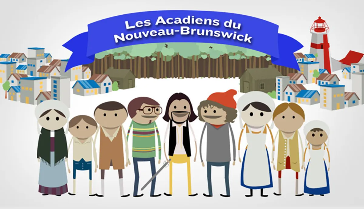 Dessins humoristiques de 11 figures humaines portant des vêtements historiques et contemporains. Derrière eux se trouvent des groupes de bâtiments et une forêt, sur lesquels on peut lire une bannière : « Les Acadiens du Nouveau-Brunswick. »