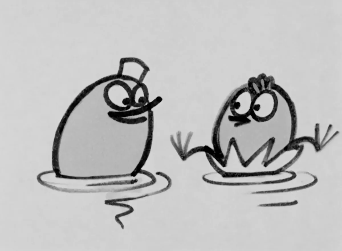 Une image en noir et blanc de deux personnages de dessin animé en forme d'œuf qui se regardent l'un l'autre alors qu'ils sont assis dans de l'eau peu profonde. L'une des figures porte un chapeau carré, et l'autre est assise, drapant ses jambes sur le bord d'un morceau flottant de coquille d'œuf brisée.