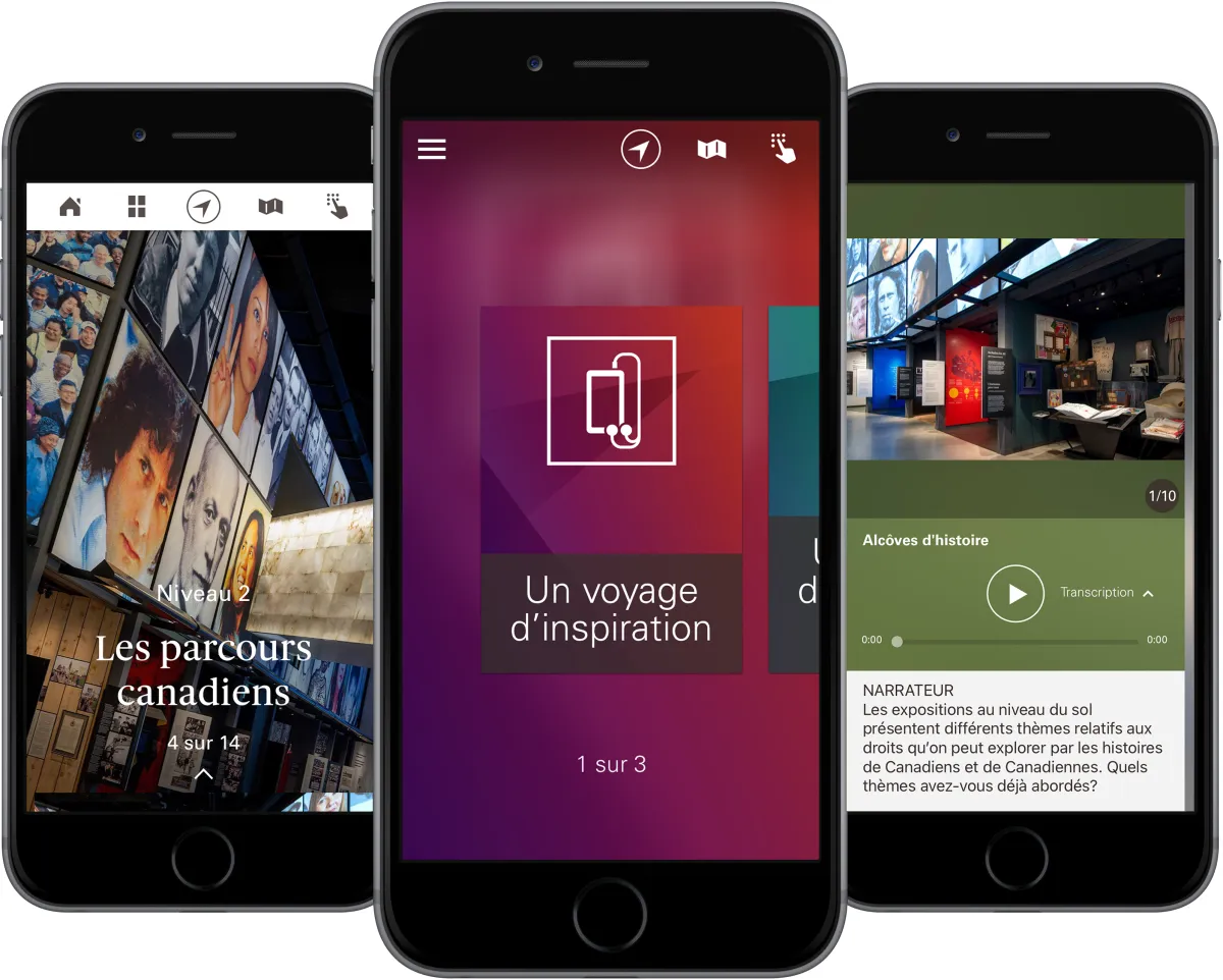 Trois téléphones intelligents sont posés ensemble, face à la caméra. Chaque téléphone affiche une image de l'application « Un voyage d'inspiration » du Musée.