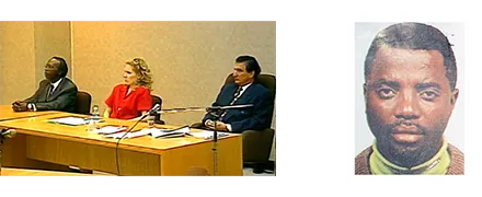 Trois personnes assises à un bureau et portrait d’un homme regardant directement vers l’objectif.