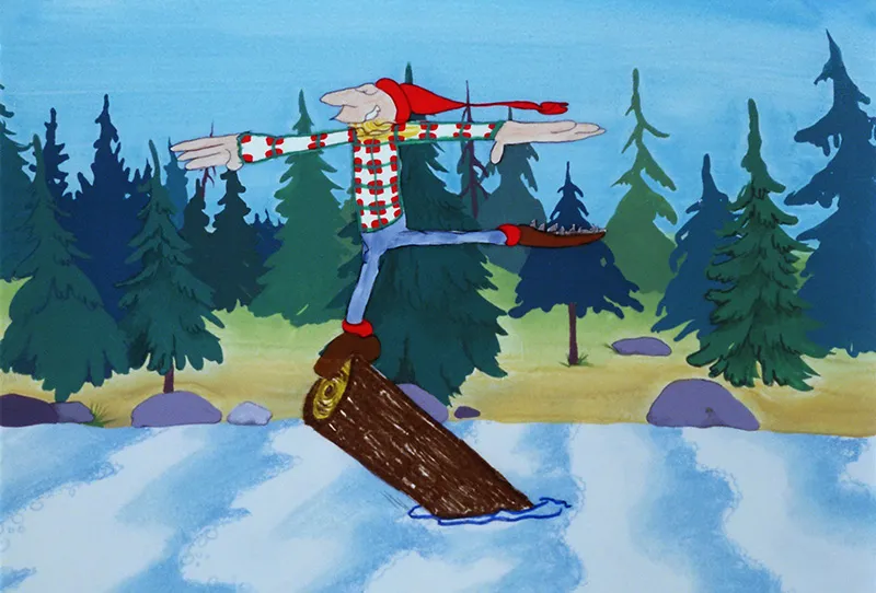 Illustration d’un bûcheron portant un chapeau rouge et une chemise à carreaux. Il se tient en équilibre sur un rondin qui flotte sur une rivière entourée de rochers et d’arbres.