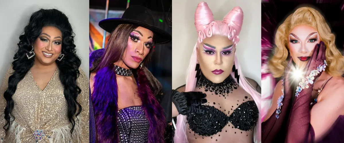 Images de quatre drag queens. La première est souriante, a de longs cheveux noirs et porte des boucles d’oreilles argentées en forme de cœur ainsi qu’une robe scintillante. La deuxième porte un chapeau à bords noirs, un collier ras-de-cou noir, un boa à plumes violet et un haut orné de clous. La troisième est coiffée de chignons spatiaux roses et porte des boucles d’oreilles en forme d’éclairs noirs, un haut en maille noire et des gants assortis. La quatrième a des cheveux blonds et gants violets avec bijou