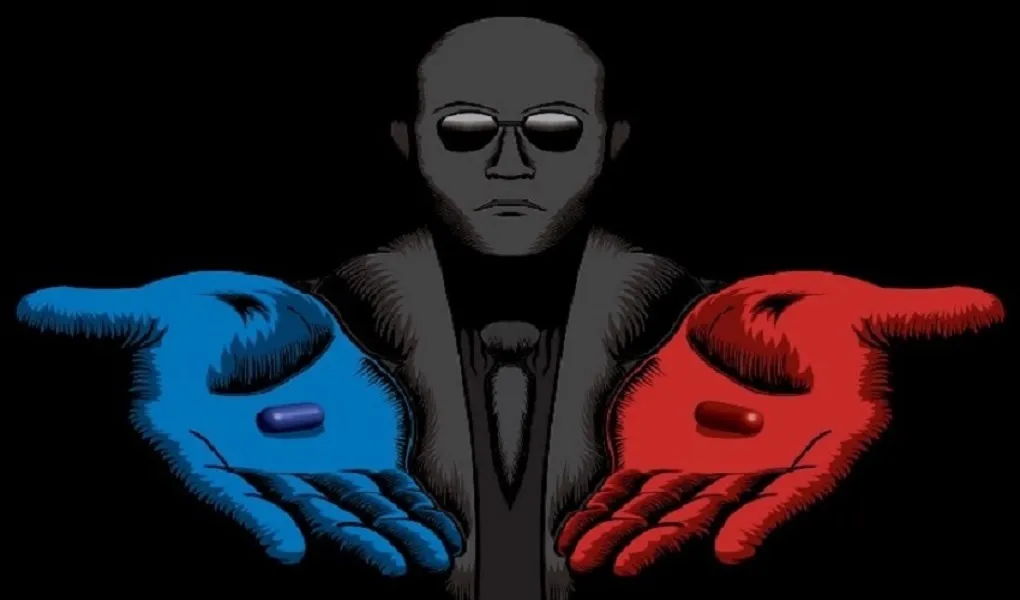 Dessin d’un homme chauve portant des lunettes de soleil et tendant les mains vers la personne qui regarde l’image, paumes vers le haut. Sa main droite est colorée en bleu et offre une pilule bleue. Sa main gauche est colorée en rouge et propose une pilule rouge.